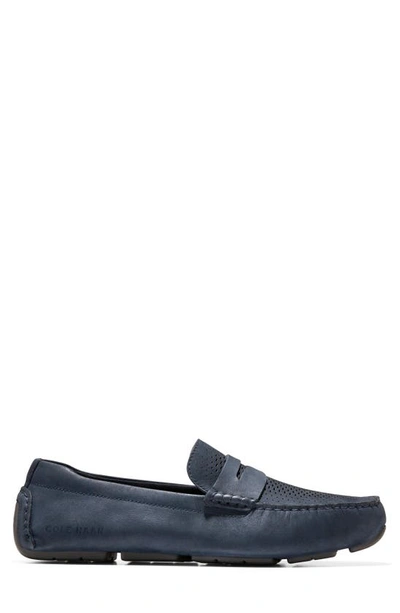 Shop Cole Haan Grand Laser Driving Penny Loafer In Navy Ink Nubuck/ Pavement