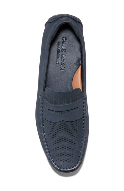 Shop Cole Haan Grand Laser Driving Penny Loafer In Navy Ink Nubuck/ Pavement