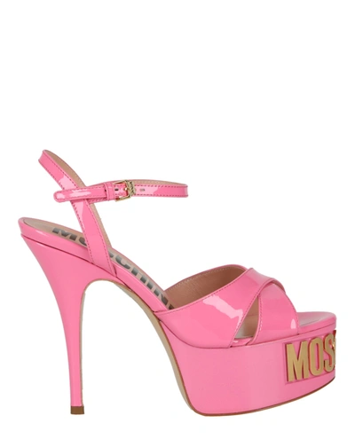 Shop Moschino Patent Leather Logo Heeled Sandals In Pink
