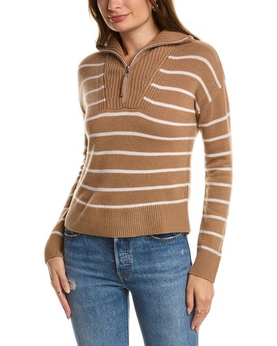 Shop Qi Cashmere Striped Zip Mock Neck Cashmere Sweater In Brown