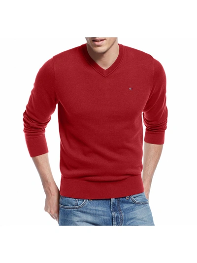 Shop Tommy Hilfiger Mens Cotton Long Sleeves V-neck Sweater In Red