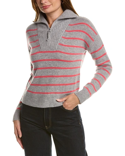 Shop Qi Cashmere Striped Zip Mock Neck Cashmere Sweater In Grey
