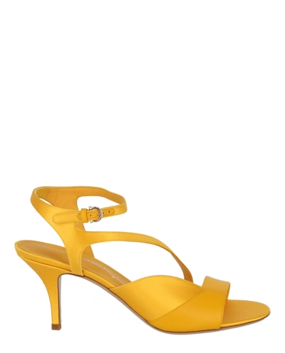 Shop Ferragamo Olga Satin Heel Sandals In Yellow