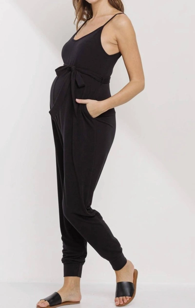 Shop Hello Miz Sleeveless Belted Maternity Jumpsuit In Black