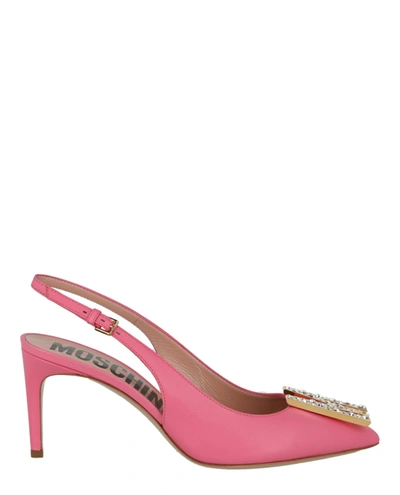 Shop Moschino Gold-tone Crystal Embellished Pump In Pink