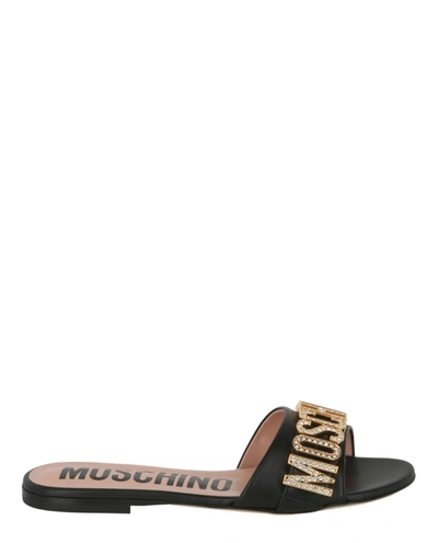 Shop Moschino Jewel Logo Flat Sandals In Black