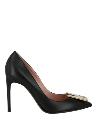 Shop Moschino Gold-tone Logo Pointed Pump In Black