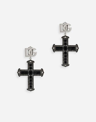 Shop Dolce & Gabbana Cross Earrings With Rhinestone Accents In Black