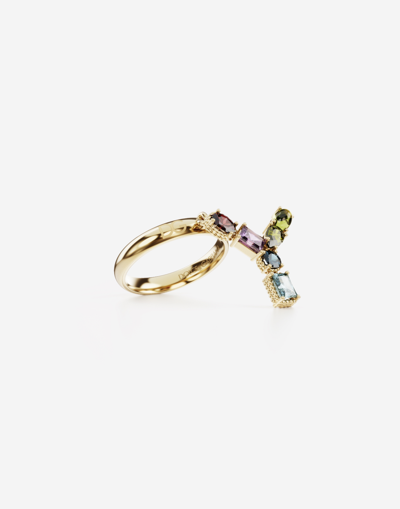 Shop Dolce & Gabbana Rainbow Alphabet Y Ring In Yellow Gold With Multicolor Fine Gems