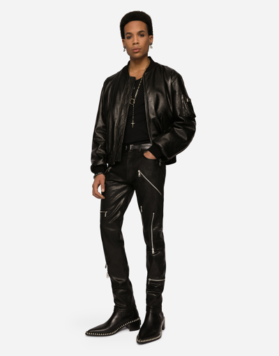 Dolce & Gabbana Black Leather Blouson Full Zip Bomber Jacket