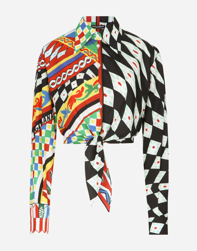 Dolce & Gabbana Carretto Print Cotton Crop Shirt W/knot In Multicolor
