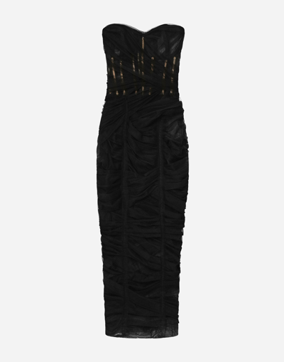 Shop Dolce & Gabbana Tulle Calf-length Corset Dress With Draping In Black