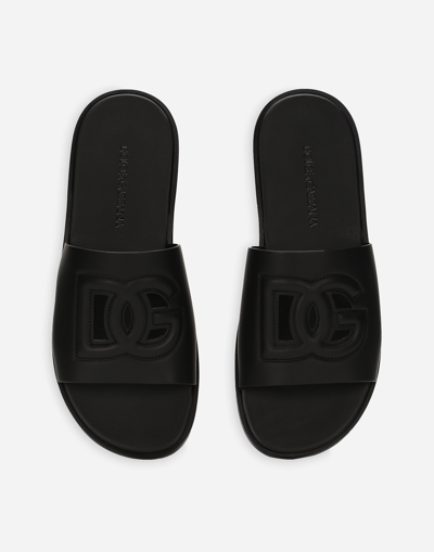 Dolce & Gabbana Black Sandals With Dg Logo Cut-out In Leather Man In Gray