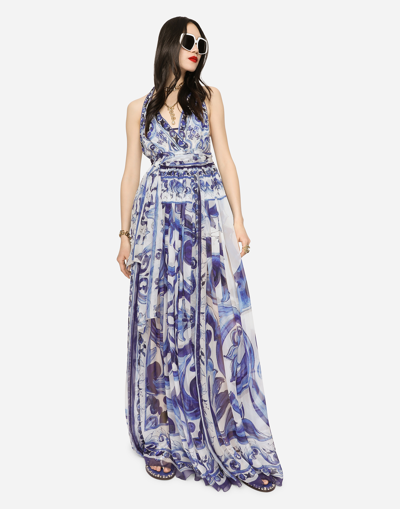 Shop Dolce & Gabbana Long Sleeveless Chiffon Dress With Majolica Print In Multicolor