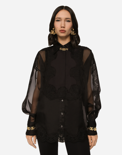 Shop Dolce & Gabbana Organza Tuxedo Shirt With Lace Inserts In Black