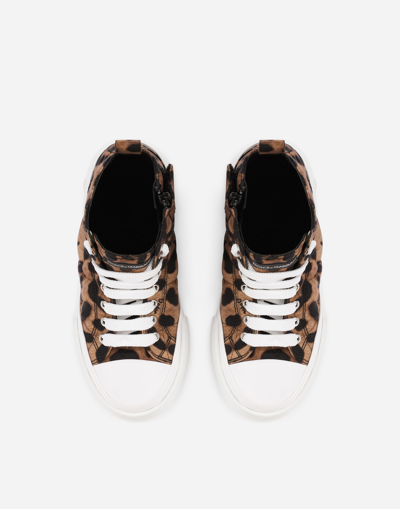 Shop Dolce & Gabbana Portofino High-top Sneakers In Leopard-print Nylon In Multicolor