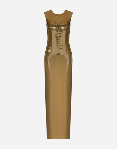 Dolce & Gabbana Long Foiled Satin Corset Dress In Gold