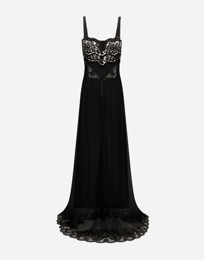 Shop Dolce & Gabbana Long Silk Chiffon Dress With Lace Body In Black