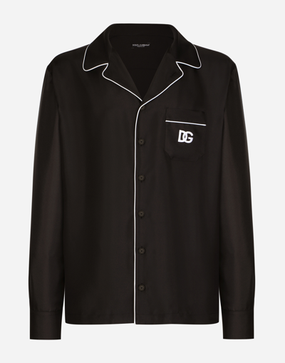 Shop Dolce & Gabbana Silk Shirt With Dg Logo-embroidered Patch In Black