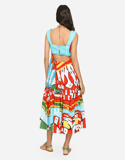 Shop Dolce & Gabbana Carretto-print Poplin Calf-length Dress In Azure