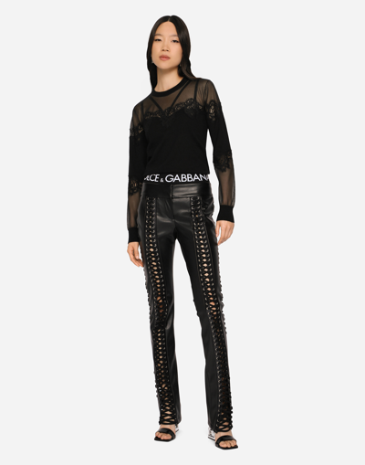 Shop Dolce & Gabbana Faux Leather Pants With Lacing And Eyelets In Black