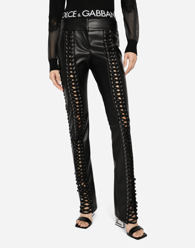 Shop Dolce & Gabbana Faux Leather Pants With Lacing And Eyelets In Black