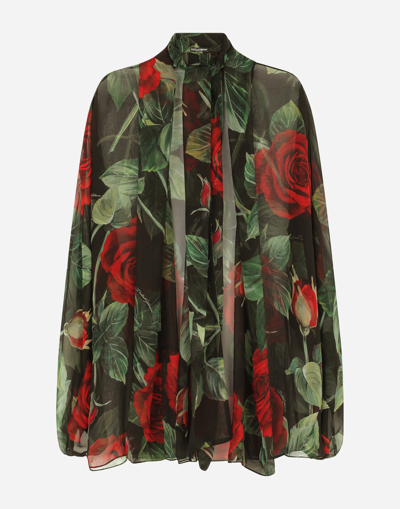 Shop Dolce & Gabbana Chiffon Shirt With Red Rose Print In Multicolor