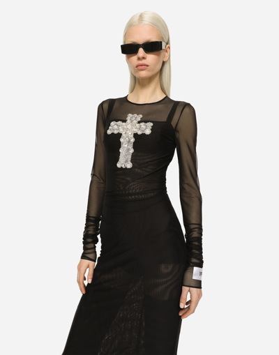 Shop Dolce & Gabbana Long Tulle Dress With Rhinestone Cross Embellishment In Black