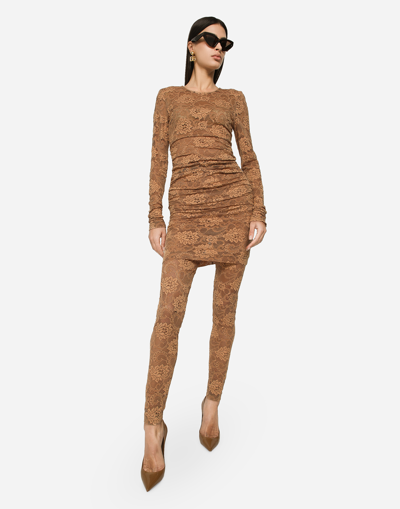 Dolce & Gabbana Short Floral Lace Dress In Beige