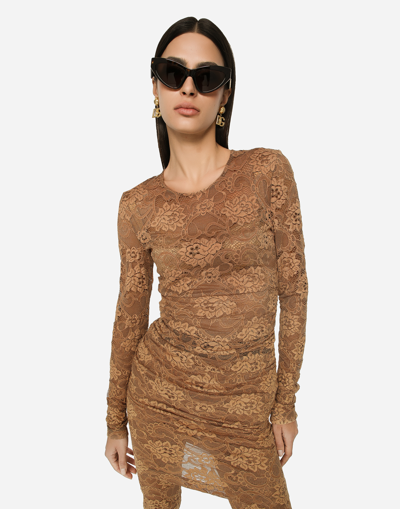 Dolce & Gabbana Short Floral Lace Dress In Beige