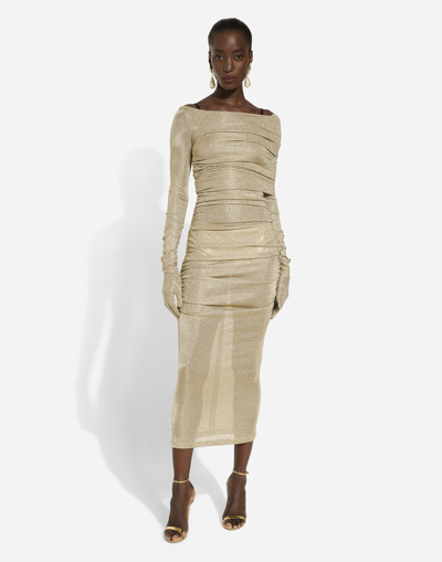 Dolce & Gabbana Lurex Longuette Midi Dress With Detachable Sleeve In Gold