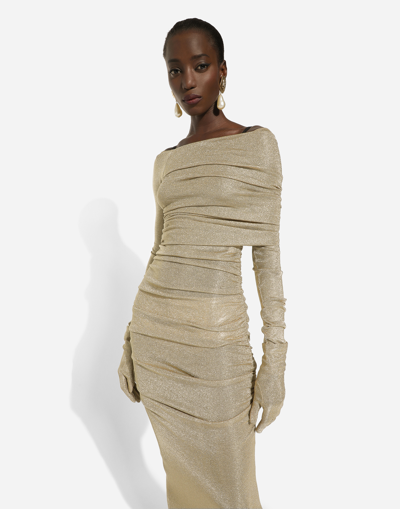 Dolce & Gabbana Lurex Longuette Midi Dress With Detachable Sleeve In Gold