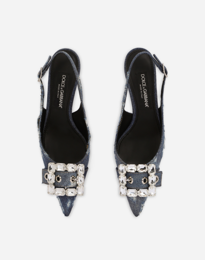 Dolce & Gabbana Patchwork Denim Slingback With Rhinestone Buckle Shoes In Blue