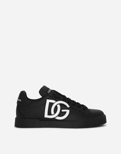 Dolce & Gabbana 'portofino' Black Sneakers With Logo Patch In Leather Woman