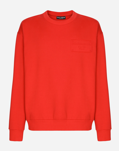 Shop Dolce & Gabbana Jersey Sweatshirt With Embossed Dolce&gabbana Tag In Red