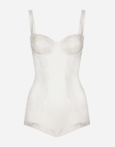 Shop Dolce & Gabbana Silk Balconette-bra Bodysuit With Lace Detailing In White