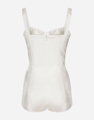 Shop Dolce & Gabbana Silk Balconette-bra Bodysuit With Lace Detailing In White