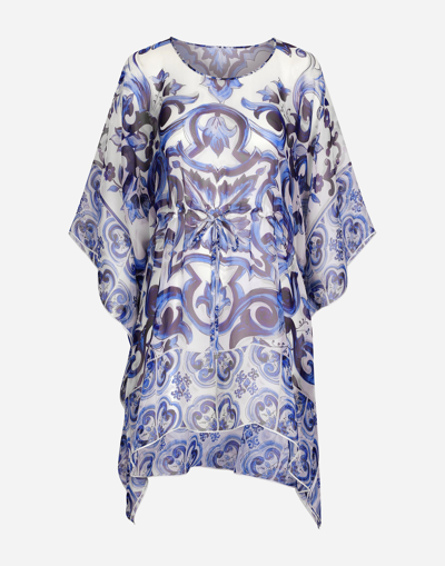Dolce & Gabbana Short Majolica-print Chiffon Caftan In Multicolor