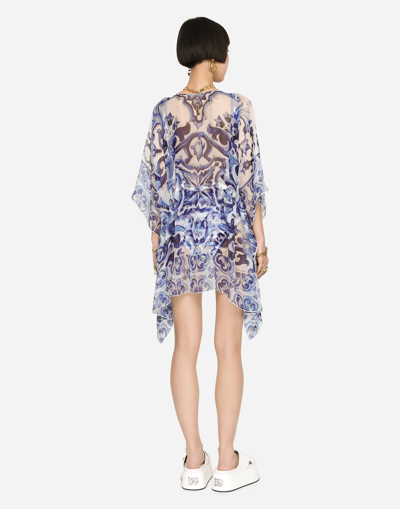 Dolce & Gabbana Short Majolica-print Chiffon Caftan In Multicolor
