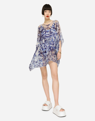 Dolce & Gabbana Short Majolica-print Chiffon Caftan In Multicolor
