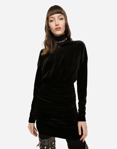 Dolce & Gabbana Short Draped Velvet Dress With Dg Logo In Black
