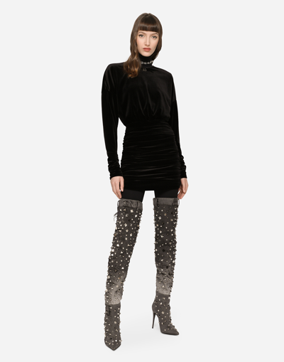 Dolce & Gabbana Short Draped Velvet Dress With Dg Logo In Black