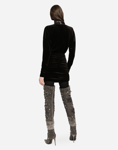 Dolce & Gabbana Short Draped Velvet Dress With Dg Logo In Black