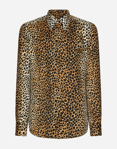 Shop Dolce & Gabbana Silk Twill Martini-fit Shirt With Ocelot Print In Multicolor