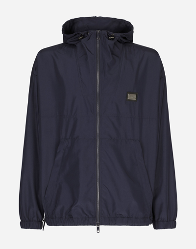 Shop Dolce & Gabbana Nylon Jacket With Hood And Branded Tag In Blue