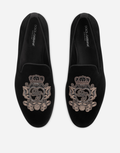 Dolce & Gabbana Velvet Slippers With Coat Of Arms Embroidery In Black