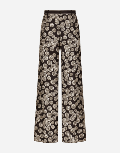 Shop Dolce & Gabbana Coin Print Wide Leg Silk Pants In Black