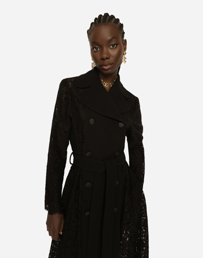 Shop Dolce & Gabbana Belted Double-breasted Crepe And Lace Coat In Black