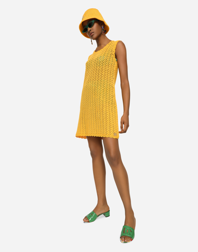 Shop Dolce & Gabbana Short Sleeveless Crochet Dress In Yellow