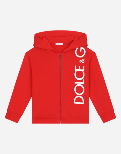 Shop Dolce & Gabbana Zip-up Jersey Hoodie With Logo Print In Red